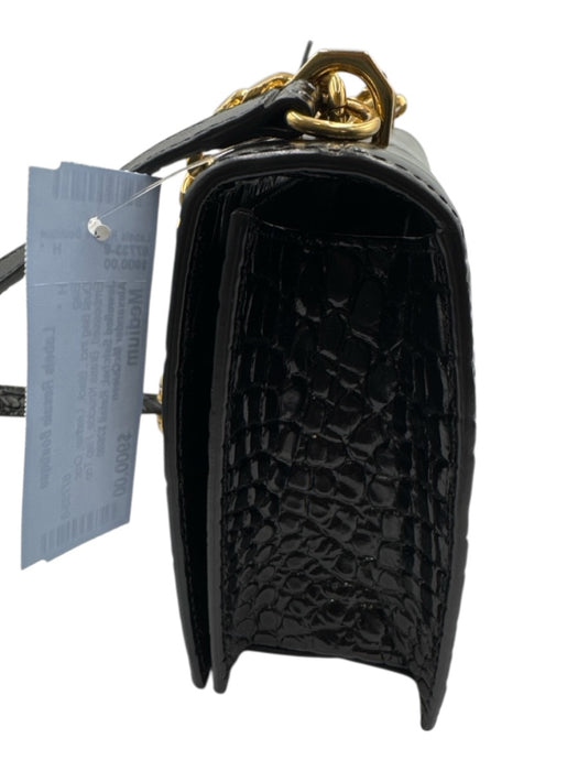 Alexander McQueen Black Leather Croc Embossed Brass Knuckle Flap Top Bag Black / Medium