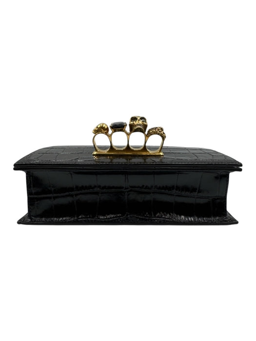 Alexander McQueen Black Leather Croc Embossed Brass Knuckle Flap Top Bag Black / Medium