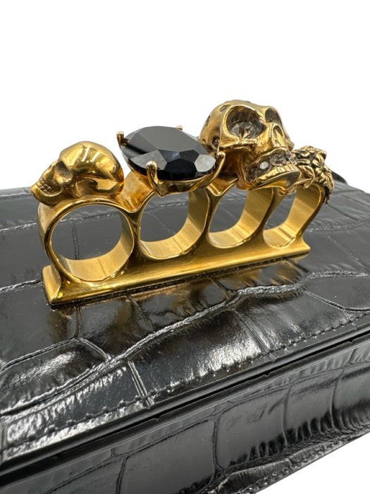 Alexander McQueen Black Leather Croc Embossed Brass Knuckle Flap Top Bag Black / Medium