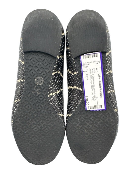 Tory Burch Shoe Size 7 Black & Cream White Leather Upper Snake Print Logo Flats Black & Cream White / 7