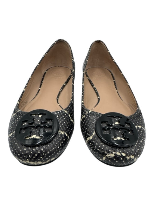 Tory Burch Shoe Size 7 Black & Cream White Leather Upper Snake Print Logo Flats Black & Cream White / 7
