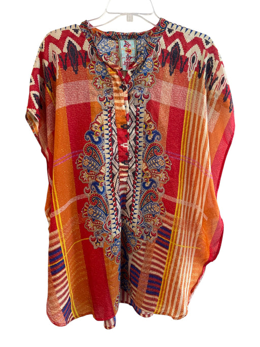 Johnny Was Size XS Orange & Multi Silk Cap Sleeve Abstract Print Semi Sheer Top Orange & Multi / XS