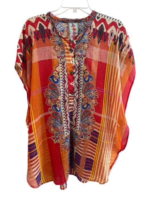 Johnny Was Size XS Orange & Multi Silk Cap Sleeve Abstract Print Semi Sheer Top Orange & Multi / XS