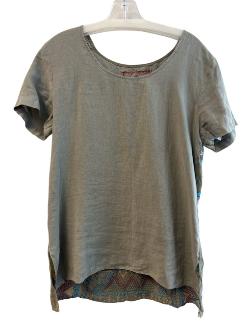 Johnny Was Size S Green Linen Short Sleeve Embroidered Design Scoop Neck Top Green / S