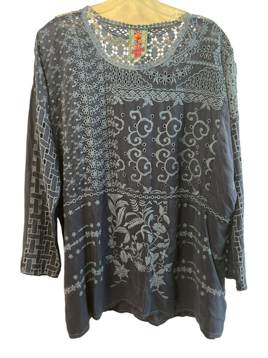 Johnny Was Size XS Navy Blue Cupra Rayon Long Sleeve Cut Out Detail Top Navy Blue / XS