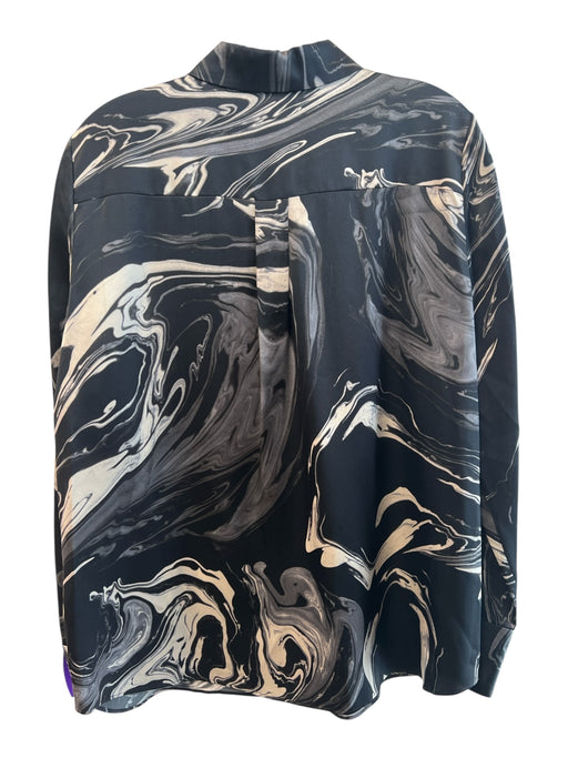 Lafayette 148 Size M Black & White Silk Long Sleeve Marble Print Collar Top Black & White / M