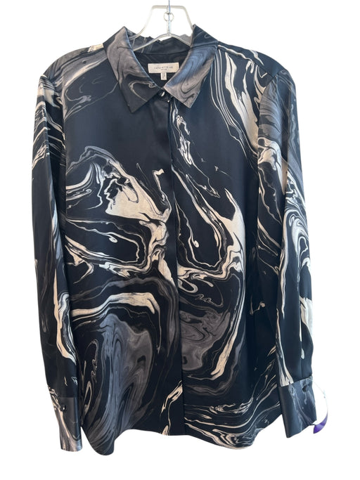 Lafayette 148 Size M Black & White Silk Long Sleeve Marble Print Collar Top Black & White / M