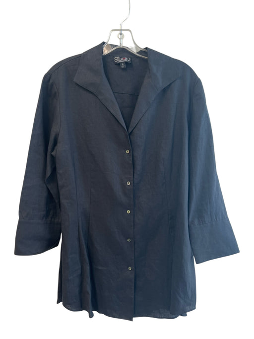 Lafayette 148 Size 10 Black Linen Long Sleeve solid color Collar Button Down Top Black / 10