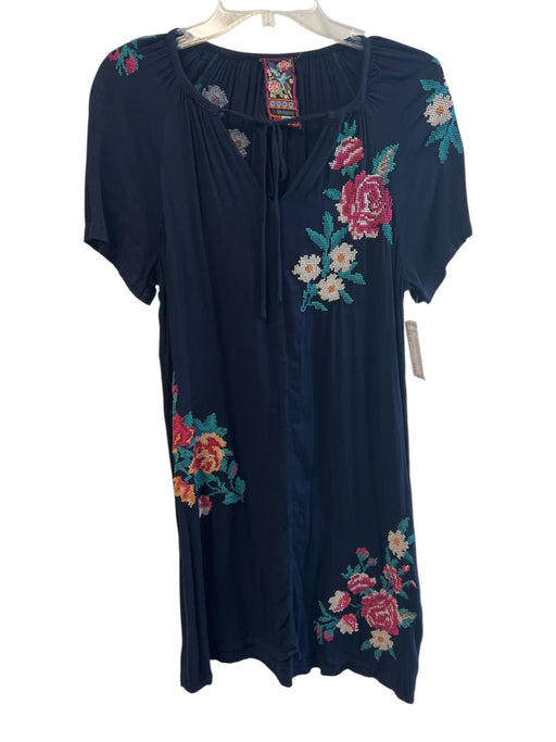 Johnny Was Size XS Navy Blue Rayon Short Sleeve Embroidered Design V Neck Dress Navy Blue / XS
