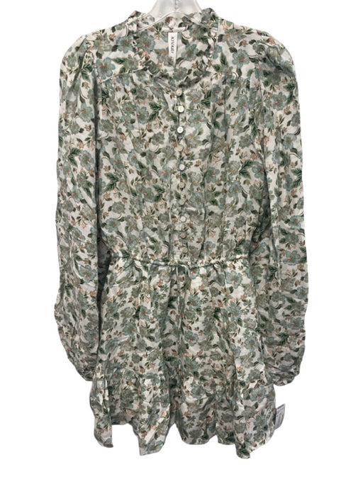 Kivari Size 8 Green, Blue, White Viscose & Linen Long puff sleeve Buttons Dress Green, Blue, White / 8