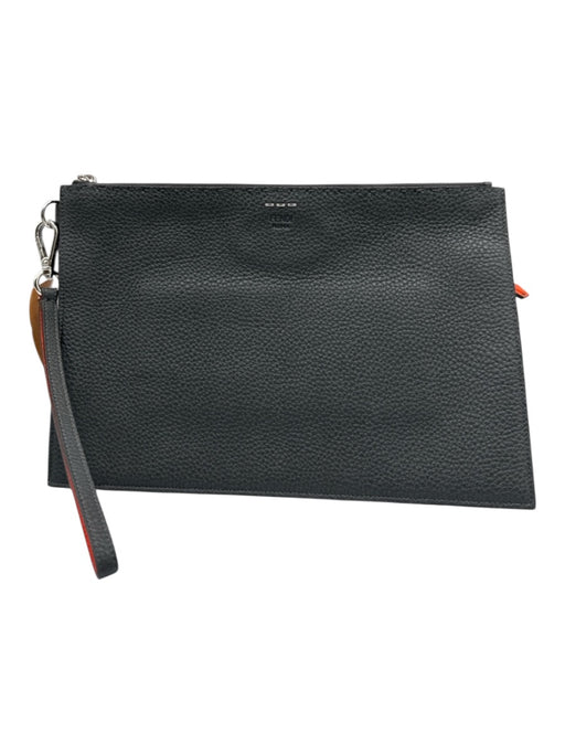Fendi Black & Orange Pebble Leather Silver Hardware Wrist Strap Pouch Bag Black & Orange / S