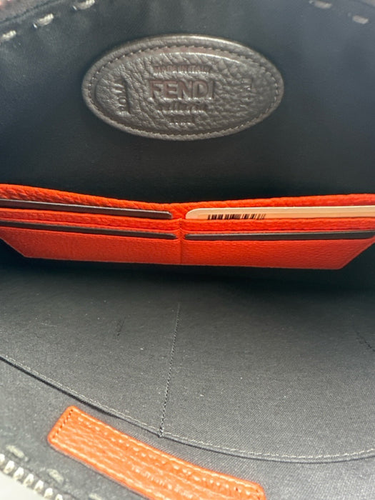 Fendi Black & Orange Pebble Leather Silver Hardware Wrist Strap Pouch Bag Black & Orange / S