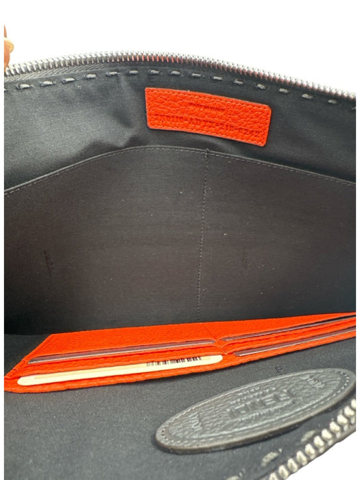 Fendi Black & Orange Pebble Leather Silver Hardware Wrist Strap Pouch Bag Black & Orange / S