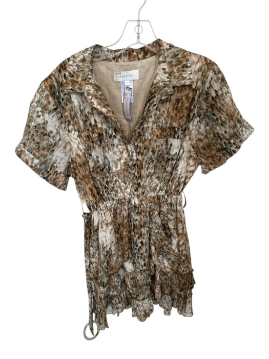 Steele. Size S Brown & Taupe Cotton Short Sleeve Feathered Belted Dress Brown & Taupe / S