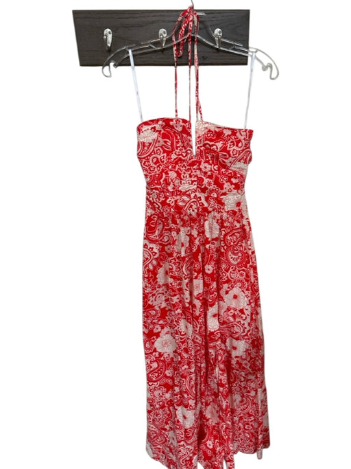 Lulus Size S Red & White Cotton Halter Neck Flowers Back Zip Maxi Dress Red & White / S