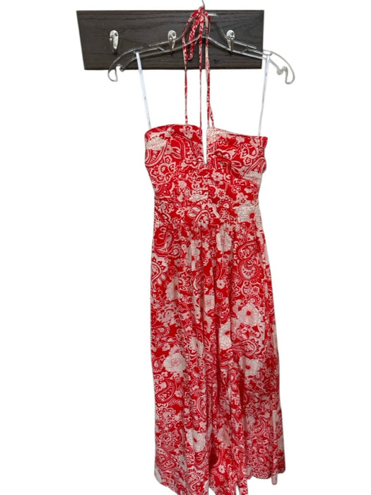 Lulus Size S Red & White Cotton Halter Neck Flowers Back Zip Maxi Dress Red & White / S