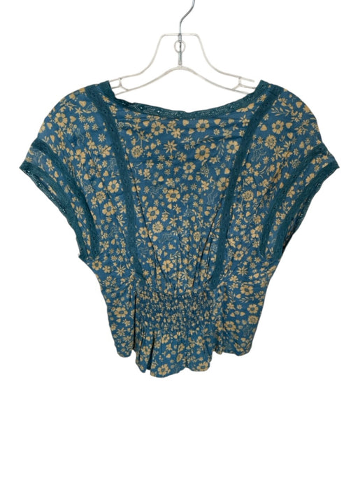 Free People Size S Teal & Yellow Cotton Cap Sleeve Flowers Lace Trim Buttons Top Teal & Yellow / S