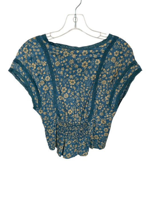 Free People Size S Teal & Yellow Cotton Cap Sleeve Flowers Lace Trim Buttons Top Teal & Yellow / S