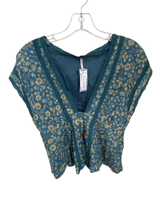 Free People Size S Teal & Yellow Cotton Cap Sleeve Flowers Lace Trim Buttons Top Teal & Yellow / S