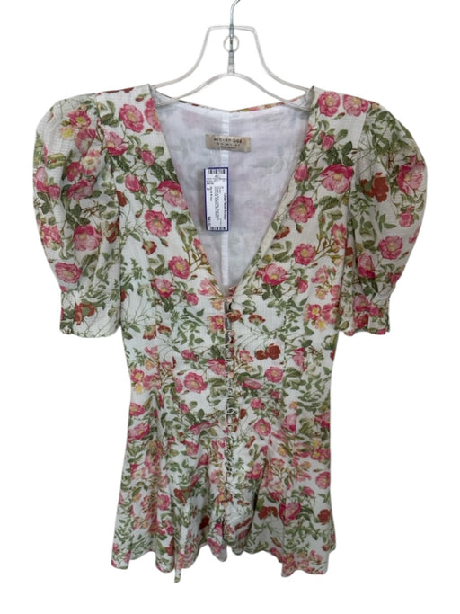 Bec & Bridge Size 2 Green & Pink Cotton Short Sleeve Botanical Buttons Dress Green & Pink / 2