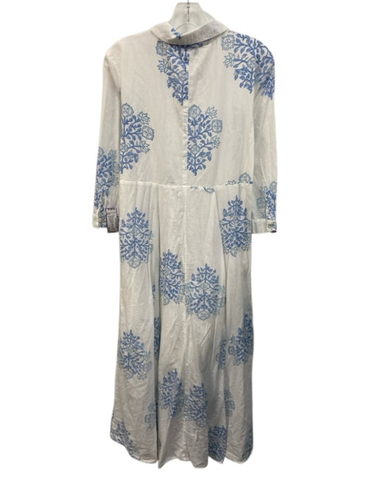 India Amory Size 2 White & Blue Cotton 3/4 Sleeve Floral Print Buttons Dress White & Blue / 2