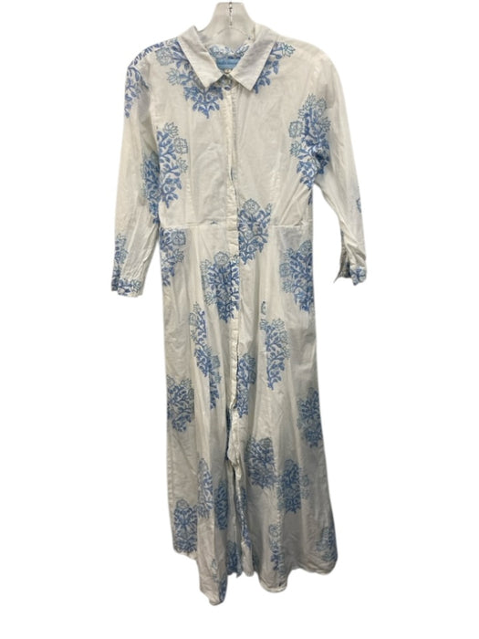 India Amory Size 2 White & Blue Cotton 3/4 Sleeve Floral Print Buttons Dress White & Blue / 2