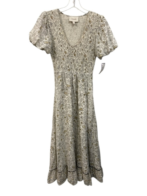 Cleobella Size S White, Brown, Beige Cotton Short Puff Sleeve Paisley Dress White, Brown, Beige / S