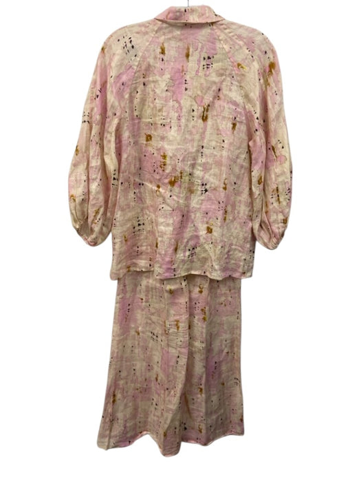 Alexis Size S Pink & Cream Linen Puff 3/4 Sleeve Abstract Print Buttons Pant Set Pink & Cream / S