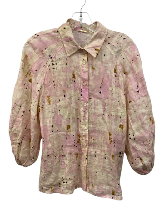 Alexis Size S Pink & Cream Linen Puff 3/4 Sleeve Abstract Print Buttons Pant Set Pink & Cream / S