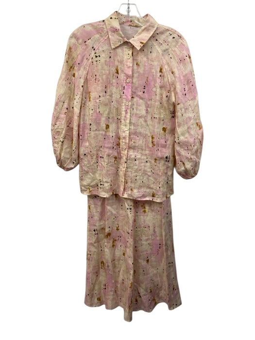 Alexis Size S Pink & Cream Linen Puff 3/4 Sleeve Abstract Print Buttons Pant Set Pink & Cream / S