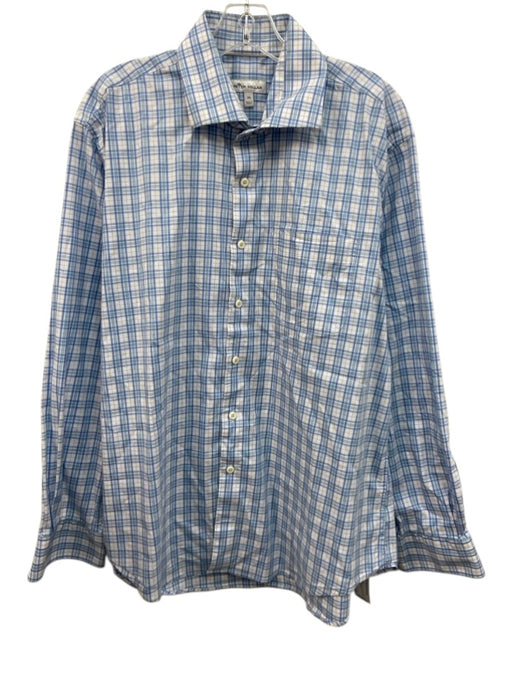 Peter Millar Size XL White & Blue Synthetic Plaid Button Up Long Sleeve Shirt White & Blue / XL