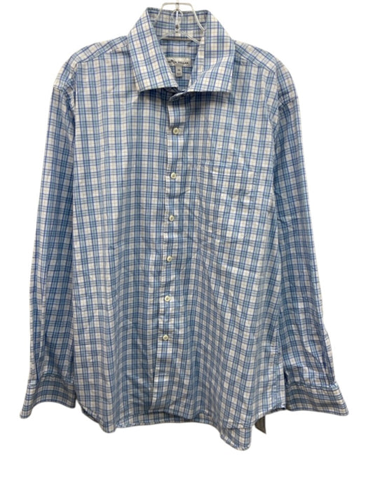 Peter Millar Size XL White & Blue Synthetic Plaid Button Up Long Sleeve Shirt White & Blue / XL