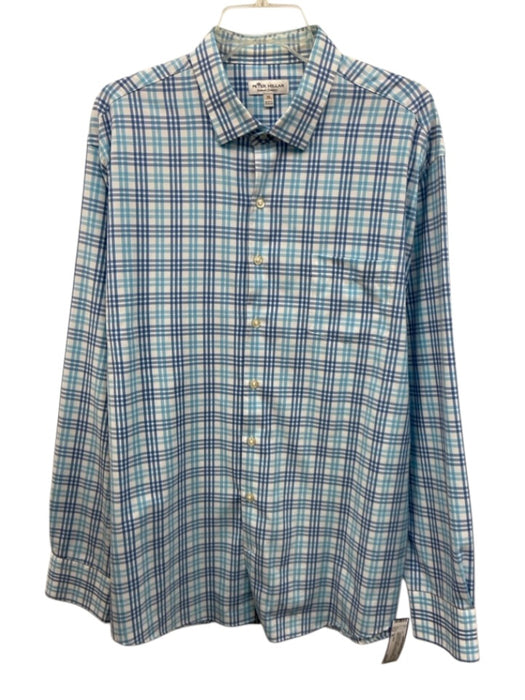 Peter Millar Size XL Light Blue & White Synthetic Plaid Men's Long Sleeve Shirt Light Blue & White / XL