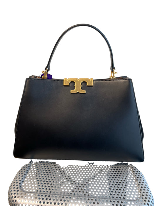 Tory Burch Black Leather & Suede Gold hardware Top Handle Logo Closure Bag Black / Medium