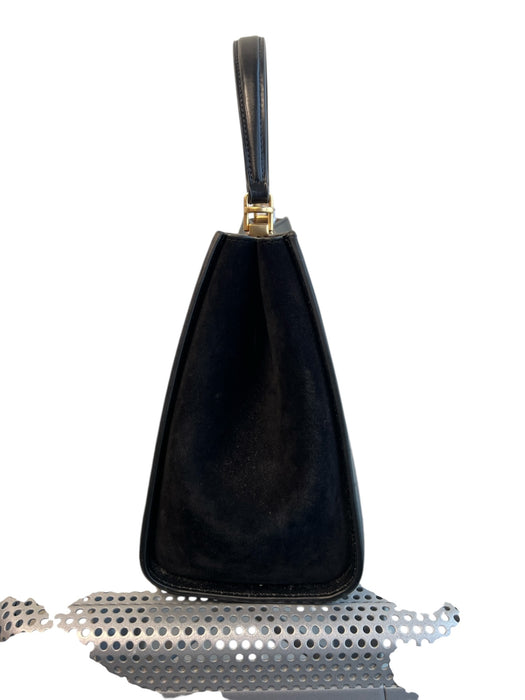Tory Burch Black Leather & Suede Gold hardware Top Handle Logo Closure Bag Black / Medium