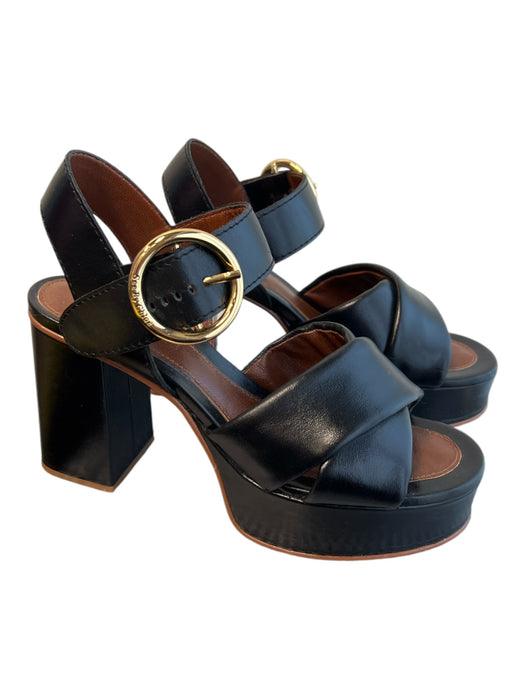 See By Chloe Shoe Size 38 Black Leather Gold Buckle Criss Cross Platform Shoes Black / 38