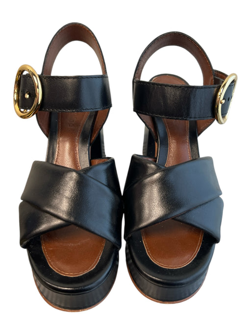 See By Chloe Shoe Size 38 Black Leather Gold Buckle Criss Cross Platform Shoes Black / 38