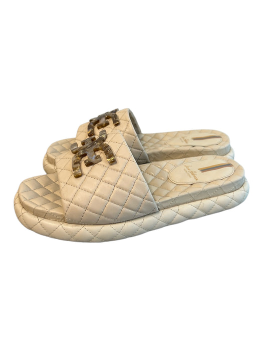 Sam Edelman Shoe Size 8 Beige Leather Diamond Quilted Sandal Logo Flat Shoes Beige / 8