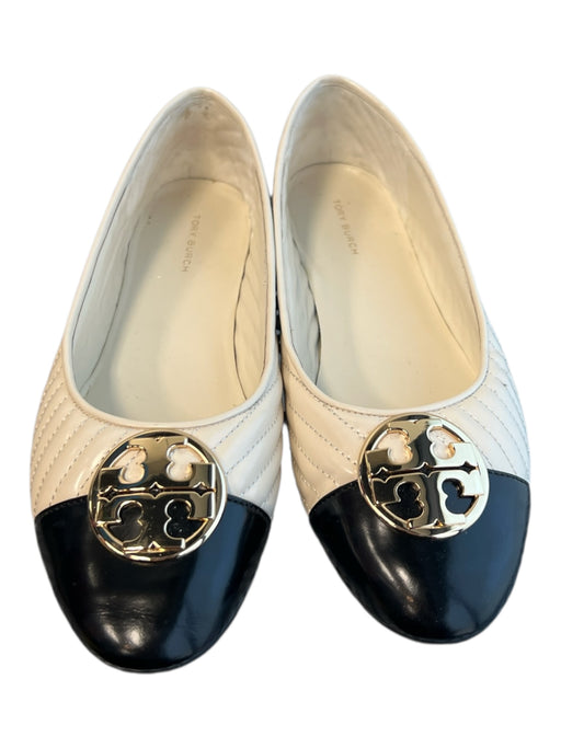 Tory Burch Shoe Size 8 Cream & Black Leather Quilted Cap Toe Gold Logo Shoes Cream & Black / 8