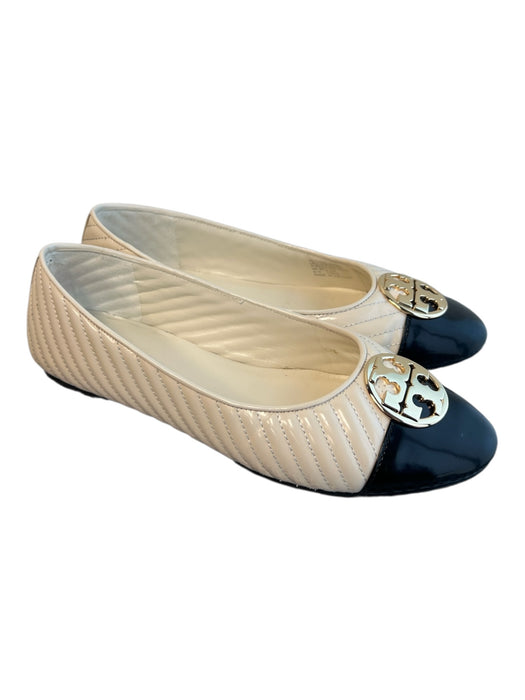 Tory Burch Shoe Size 8 Cream & Black Leather Quilted Cap Toe Gold Logo Shoes Cream & Black / 8