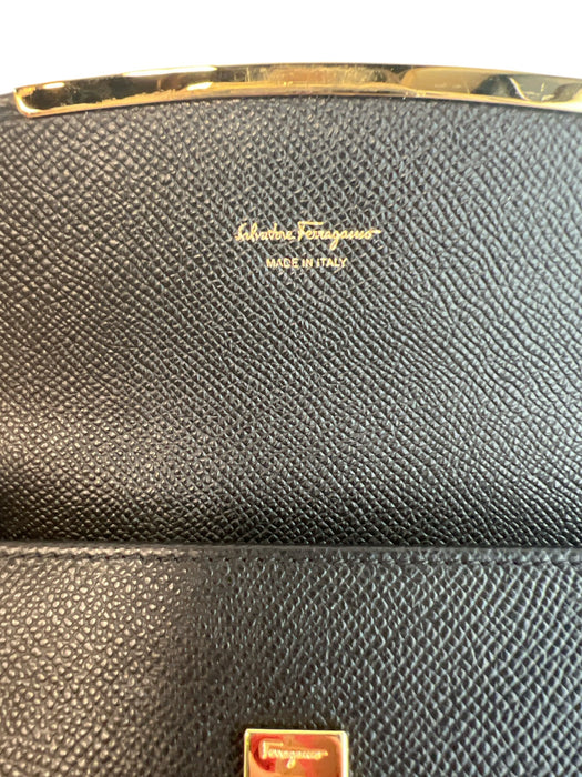 Salvatore Ferragamo Black Leather Gold hardware Snap Flap Closure Lined Wallets Black