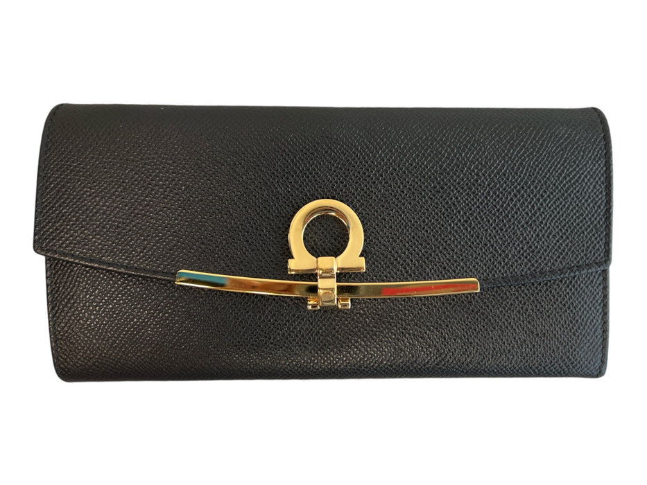 Salvatore Ferragamo Black Leather Gold hardware Snap Flap Closure Lined Wallets Black