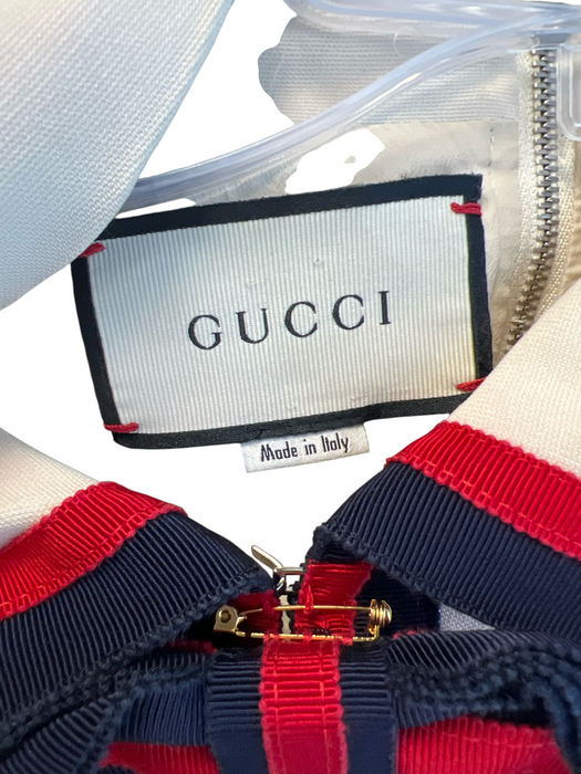 Gucci Size 48 Ivory Blue & Red Cotton & Acetate Collared Back Zip Dress Ivory Blue & Red / 48