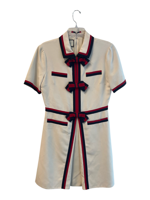 Gucci Size 48 Ivory Blue & Red Cotton & Acetate Collared Back Zip Dress Ivory Blue & Red / 48