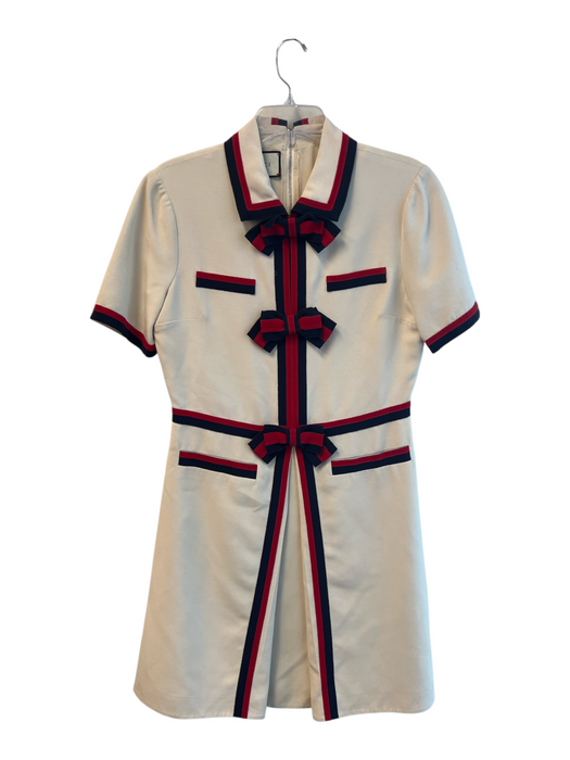 Gucci Size 48 Ivory Blue & Red Cotton & Acetate Collared Back Zip Dress Ivory Blue & Red / 48