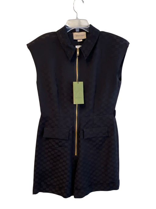 Gucci Size 46 Black Cotton & Viscose Logo Collared Zip Front Above Knee Jumpsuit Black / 46