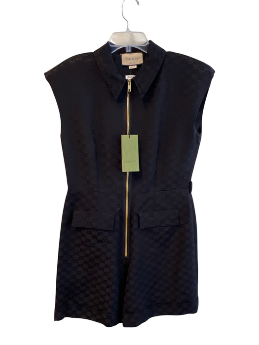 Gucci Size 46 Black Cotton & Viscose Logo Collared Zip Front Above Knee Jumpsuit Black / 46