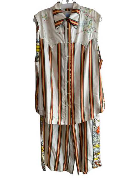 La Prestic Ouiston Size 2/M Ivory & Multi Silk Elastic Waist Stripe Pants Set Ivory & Multi / 2/M