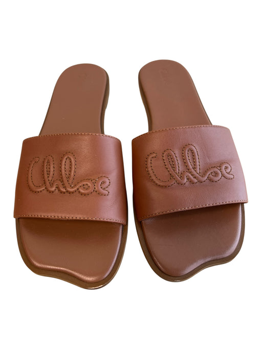 Chloe Shoe Size 39 Brown Leather Open Toe & Heel Logo Flat Slides Shoes Brown / 39