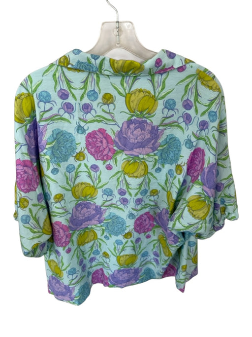 Emily McCarthy Size L Aqua & Multi Rayon Blend 3/4 Balloon Sleeve Botanical Top Aqua & Multi / L